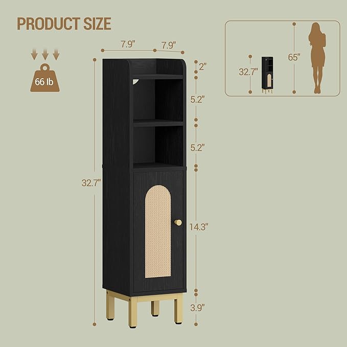 Bathroom Storage Cabinet, Small Corner Floor Cabinet with Door and Shelves, Narrow Toilet Paper Holder, Bathroom Organizer with Adjustable Shelf, for Small Spaces, Rattan Black BC08204Y
