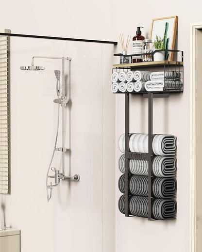 Towel Racks for Bathroom - Wall Mounted Metal Rack with Wood Plank, Bathroom Storage Organizer, Towel Holder Stores 6 Large Rolled Towels Easily, Black with Wood Plank