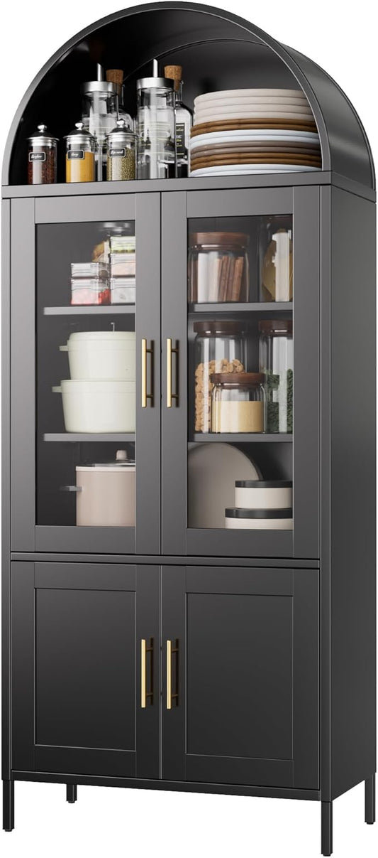 Metal Arched Bookcase Cabinet with 4 Doors,Arched Kitchen Pantry Cabinet for Home Office Living Room,Required Assembly,Black