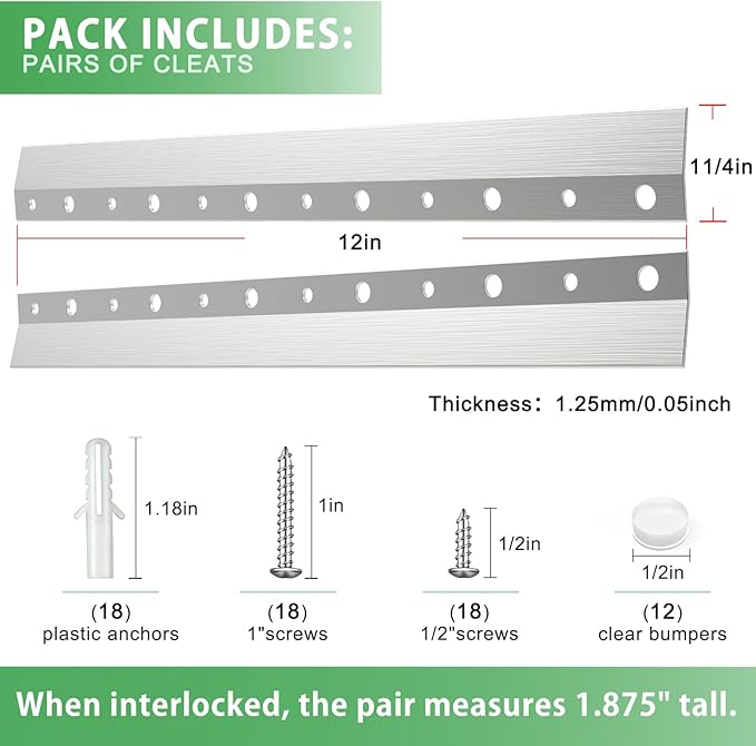 12"-6 Pairs French Cleat Hanger,Z-Hanger Picture Hanging Kit,Wall Mounting Brackets Cleat Picture Hanger Kit Z Bar Clips for Hanger Supports 60 lbs,Z Bar Hanger for Pictures,Mirrors,and Art