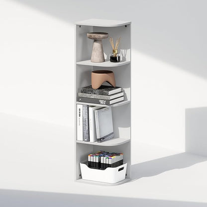 Furinno Reed Corner Shelf, 4-Tier Corner Bookshelf, Book Shelf, Corner Shelves, Storage Rack, for Organization and Storage, Home Office, Living Room, White