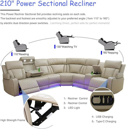 Power Reclining Sectional Sofa, L-Shaped Living Room Furniture Set, Light Brown Leather Recliner Sofa, Reclining Sectional Couch with LED/Storage Console/Cup Holder/USB/Type C for Office/Home