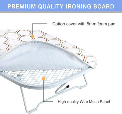 SheeChung Small Tabletop Ironing Board 30" Lx12”W Heavy Duty Ironing Board with Mesh Metal Base 100% Cotton Cover,Hook for Hanging,Portable Folding Mini Iron Board for Sewing Craft Room Dorm,Brown