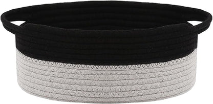Woven Basket,Small Rope Storage Bin with Handles & Ribbon Bag, Organizer for Shelves Closets,Gift Basket Empty for Birthday,Books,Dog Toys, Black&Grey