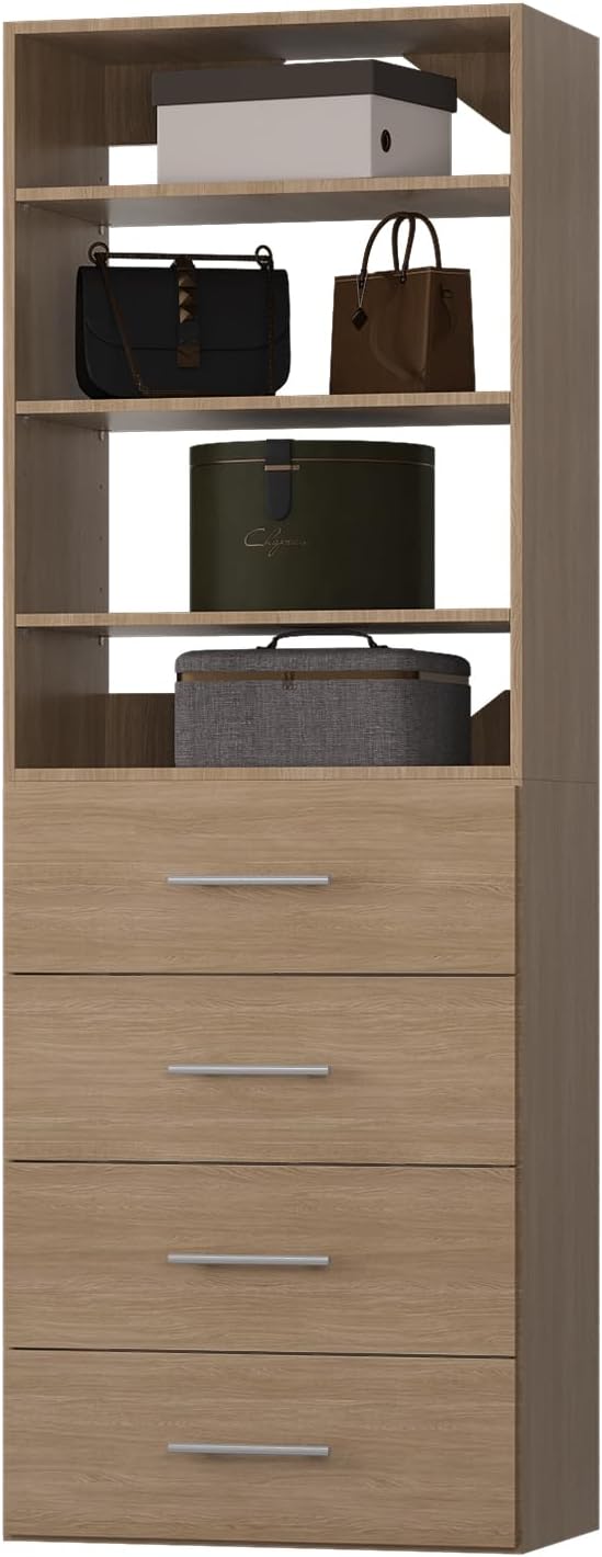 ROOMTEC Modular Closet System, 19.5" 4 Drawer Shelf Closet Tower Wall-Mounted Closet Organizer, Wooden Tower for Walk-In Closets, Wardrobe Storage Kit, Wood