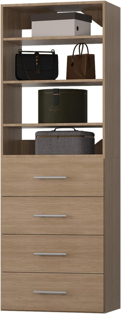 ROOMTEC Modular Closet System, 31.5" 4 Drawer Shelf Closet Tower Wall-Mounted Closet Organizer, Wooden Tower for Walk-In Closets, Wardrobe Storage Kit, Wood