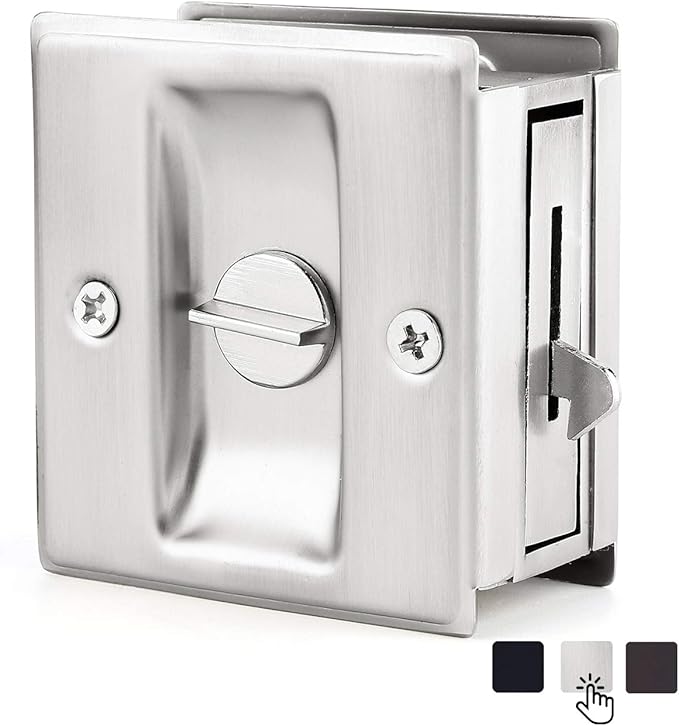 HOMOTEK Privacy Pocket Door Lock Hardware with Pull - Replace Old Or Damaged Sliding Door Locks Quickly and Easily, 2-3/4”x2-1/2”, for 1-3/8” Thickness Door, Brushed Nickel