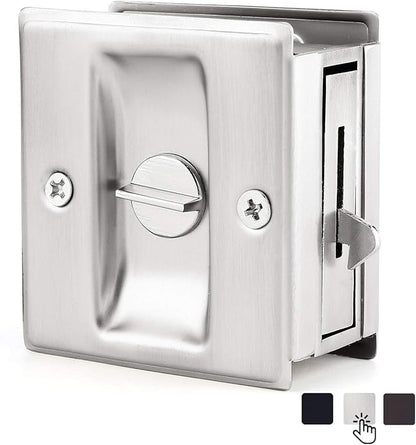 HOMOTEK Privacy Pocket Door Lock Hardware with Pull - Replace Old Or Damaged Sliding Door Locks Quickly and Easily, 2-3/4”x2-1/2”, for 1-3/8” Thickness Door, Brushed Nickel
