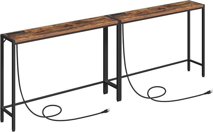 Console Table, 2 Pack Narrow Sofa Table, 43.3” Entrance Table with Power Station, Behind Couch Table, for Living Room, Hallway, Entryway, Foyer, Rustic Brown and Black CTHR112E01S2