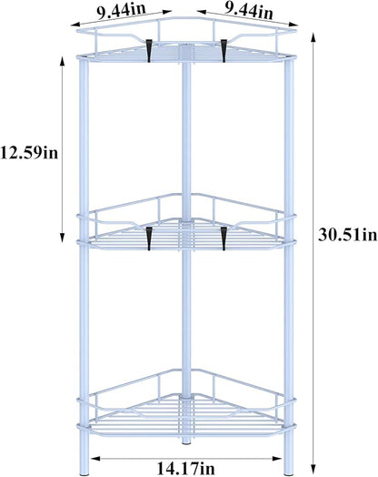 3 Tier Floor Standing Corner Shower Caddy Organizer Shelf with Hooks, Bathroom Shelves Stand Rack, Blue