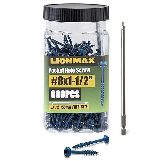 LIONMAX Pocket Hole Screws 1-1/2 Inch, 600 PCS Exterior Pocket Screw #8 x 1-1/2", Coarse Thread, Square Drive, Blue Coated Weather Resistant Pocket Hole Screws, 150MM Drive Bit Included