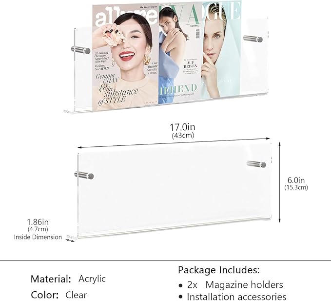 2 Pcs Clear Acrylic Magazine Holder Wall Mount, Hanging Bookshelf Magazine Rack, Floating Bookshelf for Literature Pamphlet Organizer for Room Office, Reception Area with Mounting Kit (Clear, 17 Inch)