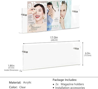 2 Pcs Clear Acrylic Magazine Holder Wall Mount, Hanging Bookshelf Magazine Rack, Floating Bookshelf for Literature Pamphlet Organizer for Room Office, Reception Area with Mounting Kit (Clear, 17 Inch)