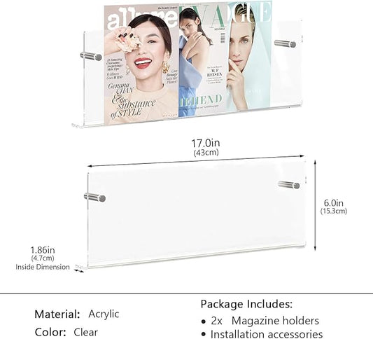 2 Pcs Clear Acrylic Magazine Holder Wall Mount, Hanging Bookshelf Magazine Rack, Floating Bookshelf for Literature Pamphlet Organizer for Room Office, Reception Area with Mounting Kit (Clear, 17 Inch)