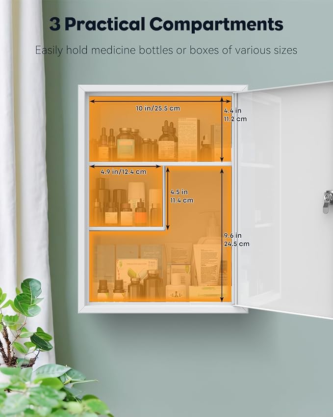 Uniclife Wall Mount Medicine Cabinet with Key Lock, Locking First Aid Cabinet, Lockable Medical Cabinet, Large Capacity Medicine Organizer, Secure Steel Wall Cabinet Metal Storage Box, White