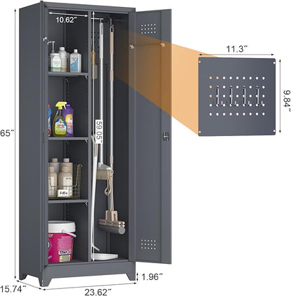 GREATMEET 65" H Metal Cleaning Supply Storage Cabinet, Lockable Double Door Garage Utility Organizer with Adjustable Shelves & Pegboard, Grey