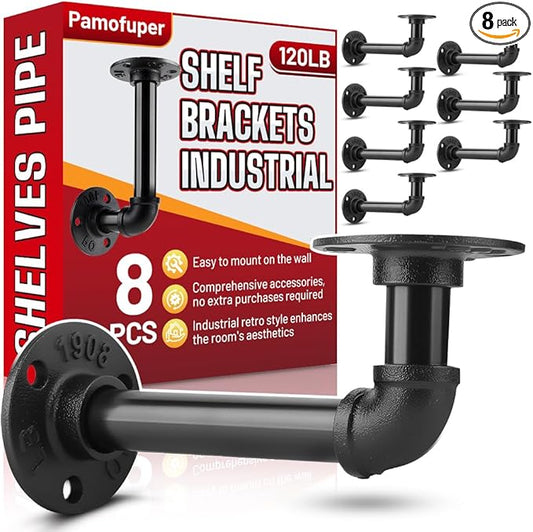 8 Pack Shelf Brackets for 7-14 in Floating Wooden Board Pipe Shelf Brackets, Heavy Duty Pipe Shelving Bracket, L Industrial Shelving Brackets, Shelves Bracket, Black