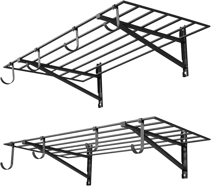 VEVOR 2-Tier Heavy Duty Wall Garage Shelving, 2 x 4 ft Steel Wall Mounted Shelving Unit with Hooks, 24 x 48 Inch Per Shelf Floating Storage Metal Rack for Garage, 520 lbs Total Weight Capacity, Black