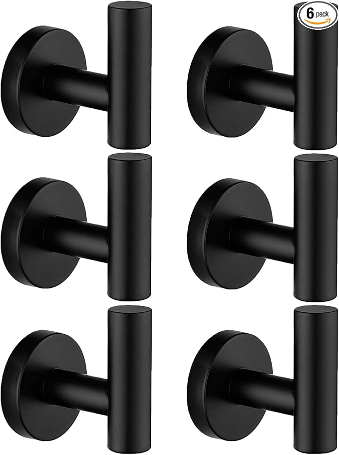 Nolimas Towel Coat Hook Matte Black SUS304 Stainless Steel Bathroom Clothes Cabinet Closet Sponges Robe Hook Wall Mounted Round Kitchen Heavy Duty Door Hanger 6 Packs