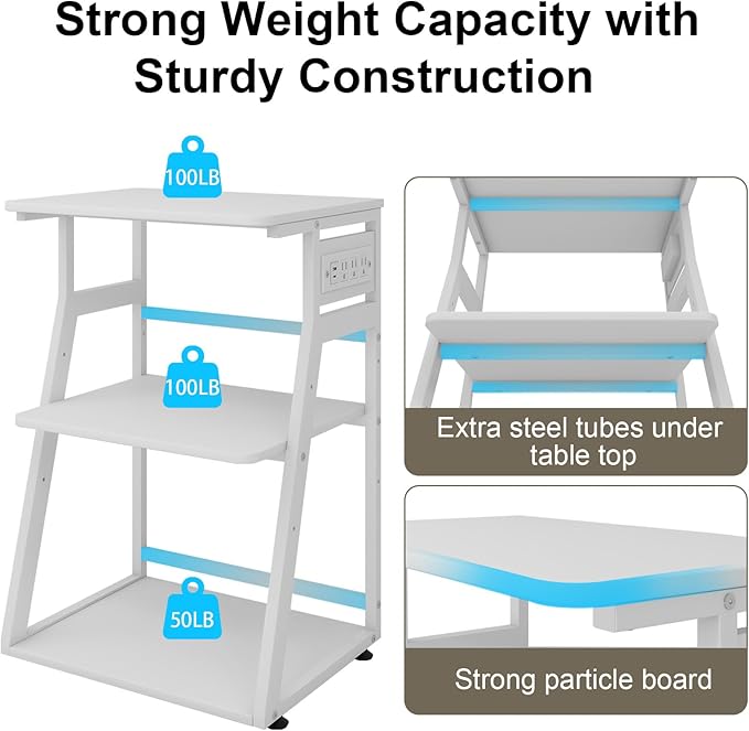 Natwind 19.7"x15.7" Printer Stand,3 Tier Printer Table with Charging Station, Rolling Cart with Adjustable Storage Shelf for Home Office Organization, Stand for Heat Press,3D Printer (White)