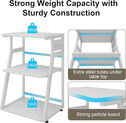 Natwind 19.7"x15.7" Printer Stand,3 Tier Printer Table with Charging Station, Rolling Cart with Adjustable Storage Shelf for Home Office Organization, Stand for Heat Press,3D Printer (White)