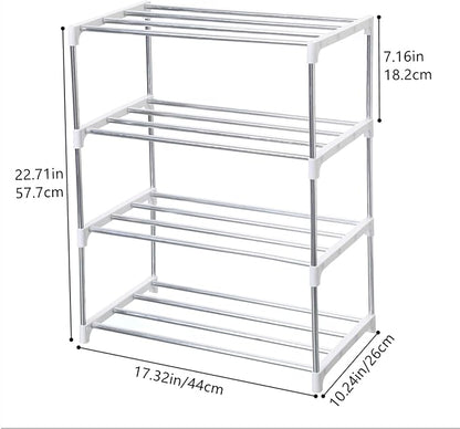 Stackable Small Shoe Rack, Entryway, Hallway and Closet Space Saving Storage and Organization (4-Tier, White)