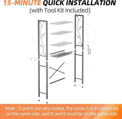 Over-The-Toilet Storage Rack, 4-Tier Bathroom Organizer Shelf Over Toilet with Adjustable Shelf and Basket, Freestanding Space Saver Bathroom Shelves Above Toilet for Room (Gray White)