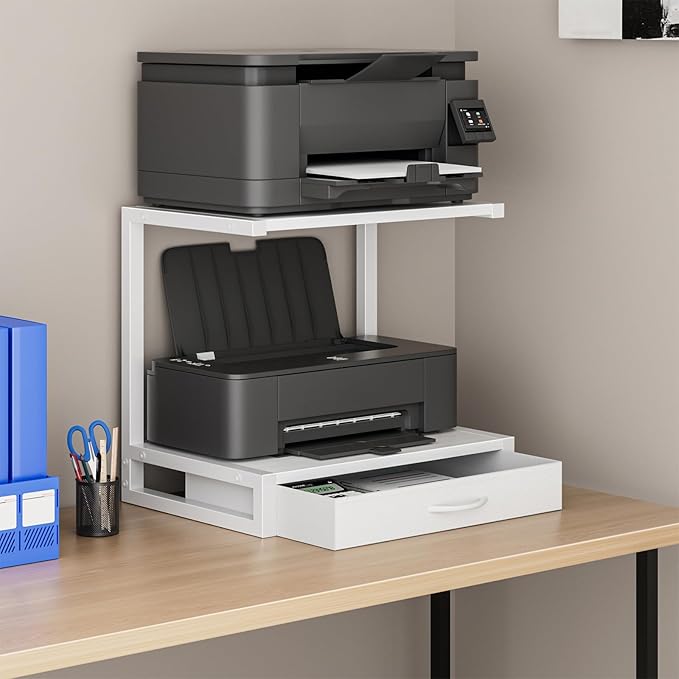 YAOHUOO 2-Tier Desktop Printer Stand with Fabric Drawer, Prtiner Table with Storage Shelf, Desk Organizer for Home Office,3D Printer,Fax Machine,Scanner, 17.3"x11.8" White