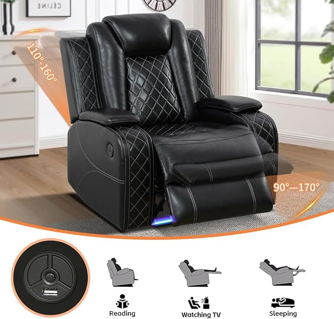 Power Recliner Chair, Living Room Furniture Sets with LED, Modern Single Reclining Chair with Adjustable Footrests,Leather Reclining Couches, Recliner Furniture for RV/Apt/Bedroom/Meeting Room