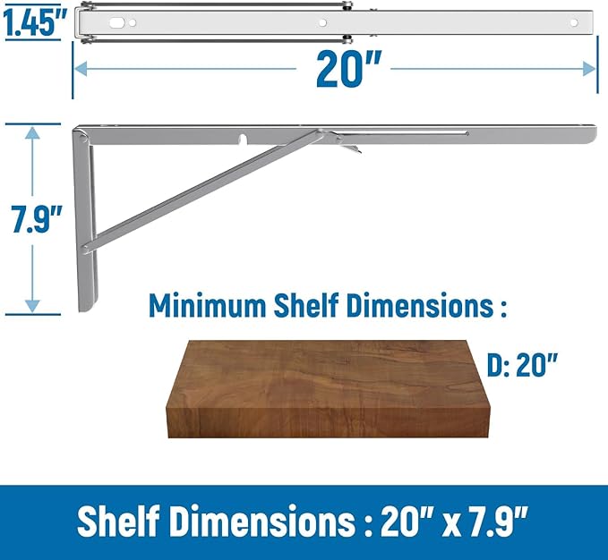 LEOPO 20 inch Folding Shelf Brackets-2 Pack Foldable Heavy Duty Triangle Collapsible Wall Mounted Brackets for Fold Down Table, Space Saving for Bench Table with Screws, Stainless Steel