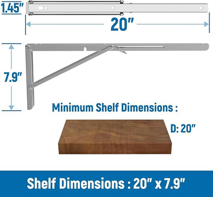 LEOPO 20 inch Folding Shelf Brackets-2 Pack Foldable Heavy Duty Triangle Collapsible Wall Mounted Brackets for Fold Down Table, Space Saving for Bench Table with Screws, Stainless Steel