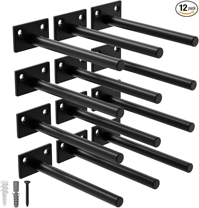 LEOPO 12-Pack 10 inch Floating Shelf Brackets, Hidden Shelf Bracket for Wood, Concealed Blind Shelving Support,Invisible Black Coated Brackets for DIY Decorative,Fit for Kitchen, Bathroom,Study Room