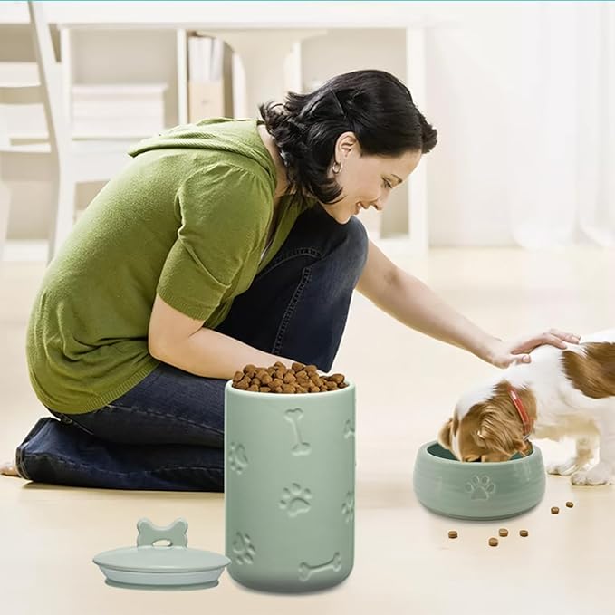 Dog Treat Container Airtight - 9"x5" Green Large Ceramic Dog Treat Jar for Kitchen Counter, Dog Cookie Jar with Lid - Farmhouse Style Dog Food Storage Container for Dogs, Cats, Pets