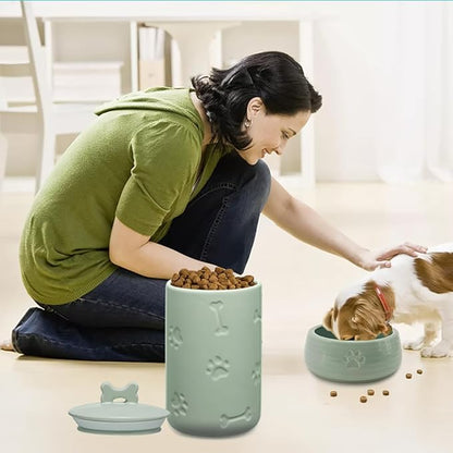 Dog Treat Container Airtight - 9"x5" Green Large Ceramic Dog Treat Jar for Kitchen Counter, Dog Cookie Jar with Lid - Farmhouse Style Dog Food Storage Container for Dogs, Cats, Pets