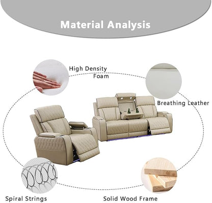 Power Reclining Sofa Set, Beige Breathing Leather Sectional, Living Room Furniture Sets 2PCS Power Recliner Sofa and Chair with Cup Holder/LED Light/USB Port for Living Room, Apartment, Office