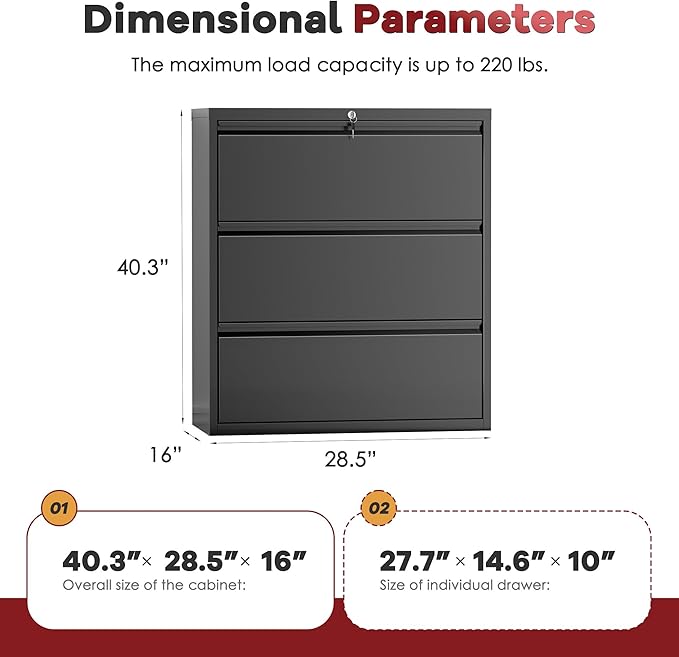 Bonusall File Cabinet, Lateral Filing Cabinet, 3 Drawer Metal File Cabinet with Lock, Lockable Filing Cabinet for Home Office, Hanging Files Letter/Legal/A4/F4 - Black