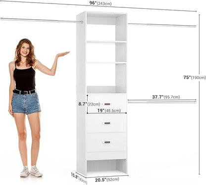 96'' Closet Organizer System with 3 Hanging Rods, 8FT Closet Organizers and Storage with 3 Wooden Drawers, Built in Closet Organizer Systems, Adjustable Walk-in Wardrobe from 5-8FT, White