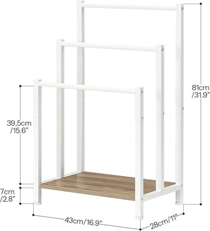 HOOBRO Free Standing Towel Rack, 3 Tier Blanket Rack, Blanket Holder for Bathroom, 16.9" L x 11" W x 31.9" H, Industrial Metal Drying and Display Rack with Shelf, White and Grey WG03LB01