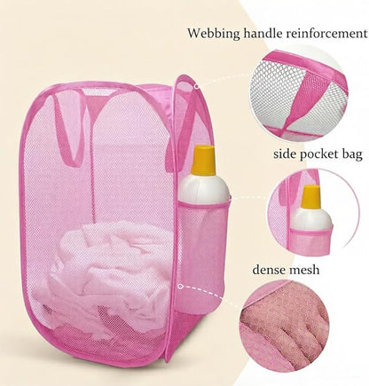 The upgraded pop-up laundry basket features a breathable side pocket mesh design, making it ideal for rooms, apartments, dormitories, travel, business trips, and children's storage (1,pink)