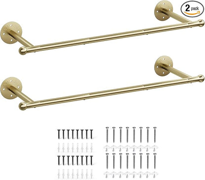 OROPY Industrial Pipe Clothing Rack Set of 2, Wall Mounted Clothes Rack, Closet Rods For Hanging Clothes, 33" Multi-purpose Hanging Rod for Laundry Room, Bedroom and Closet Storage, Gold