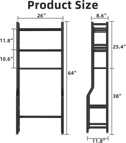 3 Tier Over The Toilet Storage Rack with Toilet Paper Holder, Metal Freestanding Bathroom Shelves with 4 Hooks, Over Toilet Storage Shelf for Bathroom Storage, Black