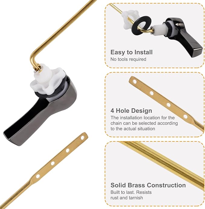 Hibbent Universal Metal Front Mount Toilet Handle Replacement Kit, Brass Toilet Flush Tank Lever with Stainless Steel Flapper Chains for Most Toilets, Gunmetal Gray