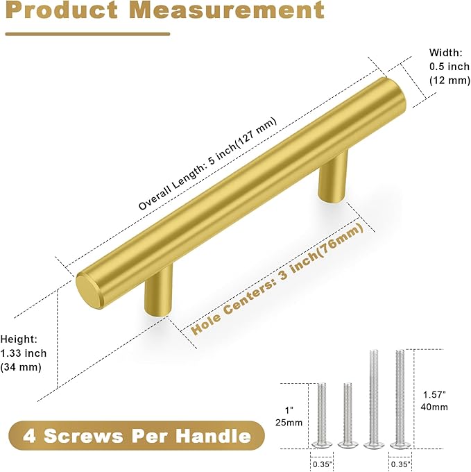 Estmoon 30 Pack Brushed Brass Cabinet Handles Gold 3 Inch Hole Center Cabinet Pulls Stainless Steel Drawer Handles Kitchen Cabinet Hardware Pulls for Cabinets and Drawers - 5" Length, 3" Hole Center