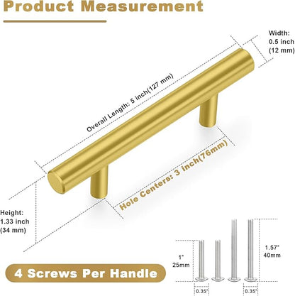 Estmoon 30 Pack Brushed Brass Cabinet Handles Gold 3 Inch Hole Center Cabinet Pulls Stainless Steel Drawer Handles Kitchen Cabinet Hardware Pulls for Cabinets and Drawers - 5" Length, 3" Hole Center