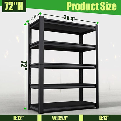 Garage Shelving,Heavy Duty Garage Storage Shelves,Metal Shelving Unit,5 Tier Adjustable Steel Utility Shelf,Use for Basement,Warehouse, Pantry Closet,Black (Steel-72 H*35.4" W*12" D)