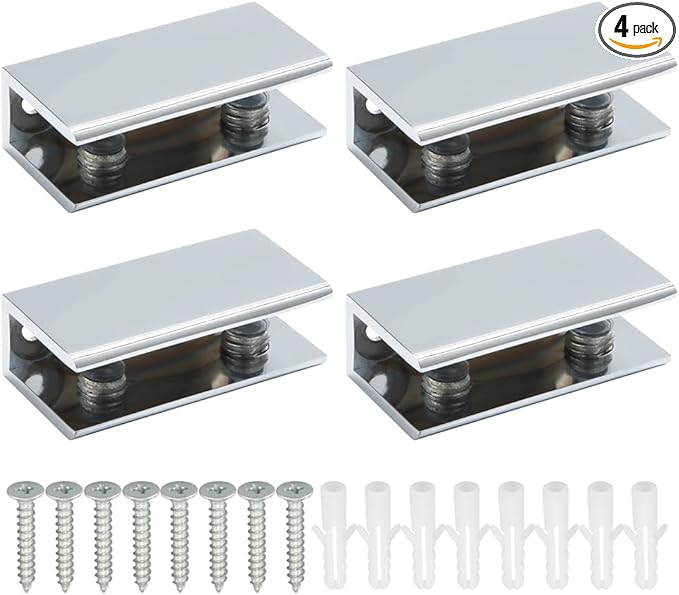 Alise Glass Shelf Bracket Adjustable Shower Brackets,Heavy Duty Rectangle Clamp Holder for 10-12mm Glass Shelves,Wall Mount Clamps Clip Support Hardware Replacement Parts,Polished Chrome 4 Pcs