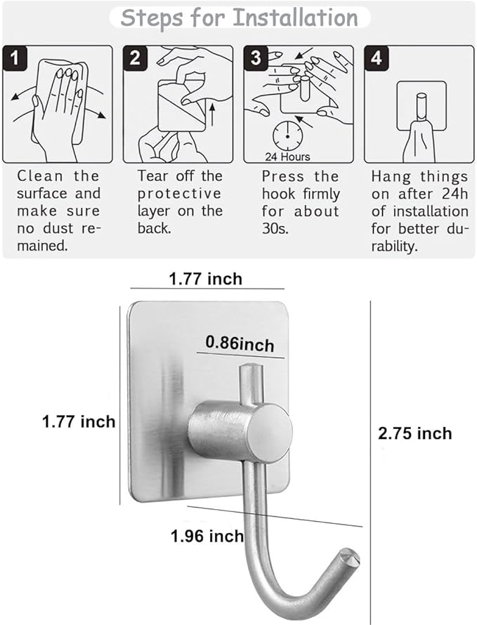 Self Adhesive Towel Hooks, Waterproof Rustproof Stainless Steel Sticky Wall Hooks, No Damage for Bathroom Kitchen Shower Robe Coat Hanging, Silver