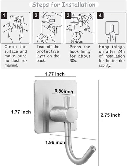 Self Adhesive Towel Hooks, Waterproof Rustproof Stainless Steel Sticky Wall Hooks, No Damage for Bathroom Kitchen Shower Robe Coat Hanging, Silver