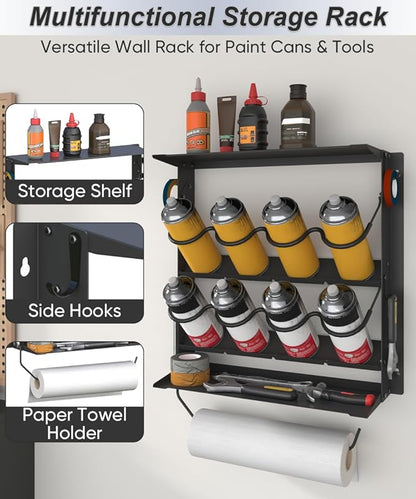 Spray Paint Can Holder with Paper Towel Holder for Home Garage Organizer, Wall Mount Paint Bottle Tool Utility Storage Rack with 8 Holes & 2 Shelf for Shop, Black