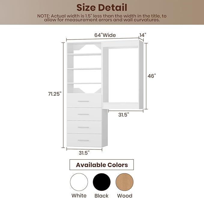 ROOMTEC Modular Closet System, 64" Wall-Mounted Closet Organizer with Drawers and Hanging Rods, Wooden Tower for Walk-In Closets, Wardrobe Storage Kit, White